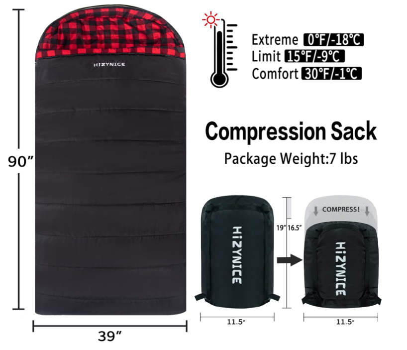 Bolso de dormir de grado 100% algodón Flanela XXL para adultos grandes y altos Tiempo frío Invierno Cero Grado Camping, bolso de compresión libre