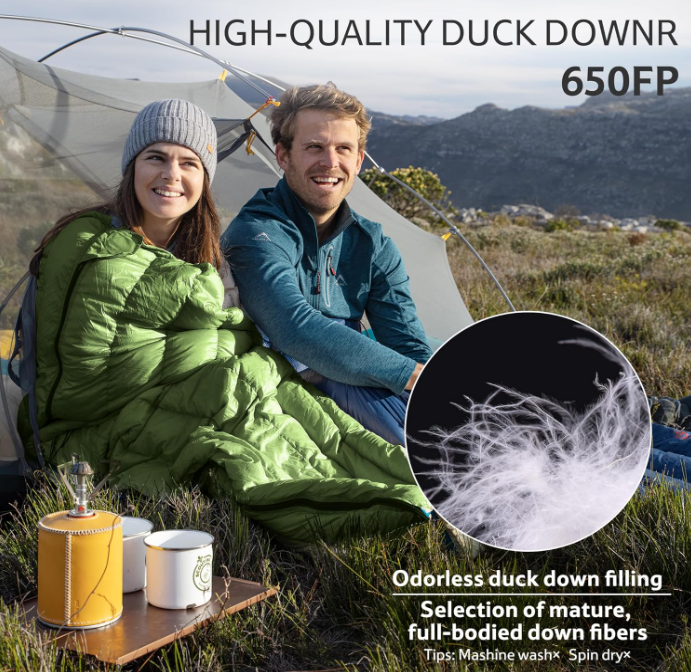 Bolso de dormir ultraligero de mochila RDS abajo para adultos, 650 saco de dormir de potencia de llenado para 42/52 ℉, Bolsas de dormir ligeras compactas de 20oz para campamentos de senderismo 3 estaciones