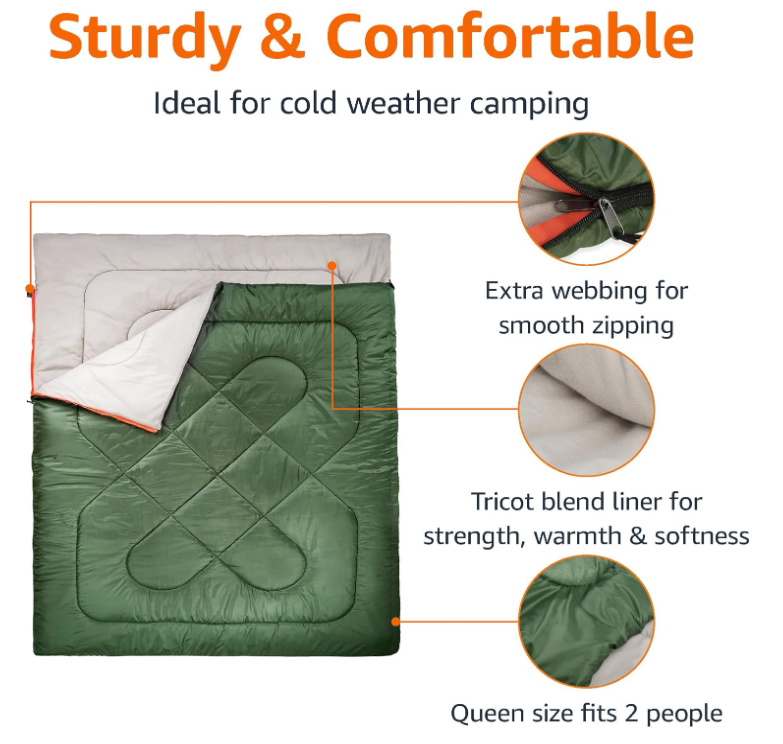 Básicos 40 ° F Tiempo fresco Bolso de dormir para dos personas, 87 pulgadas x 59 pulgadas, verde olivo