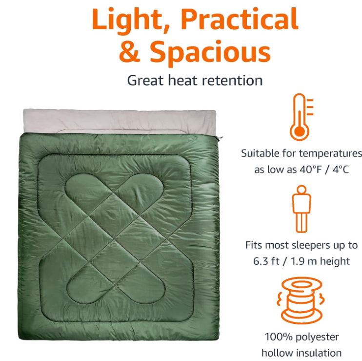 Básicos 40 ° F Tiempo fresco Bolso de dormir para dos personas, 87 pulgadas x 59 pulgadas, verde olivo