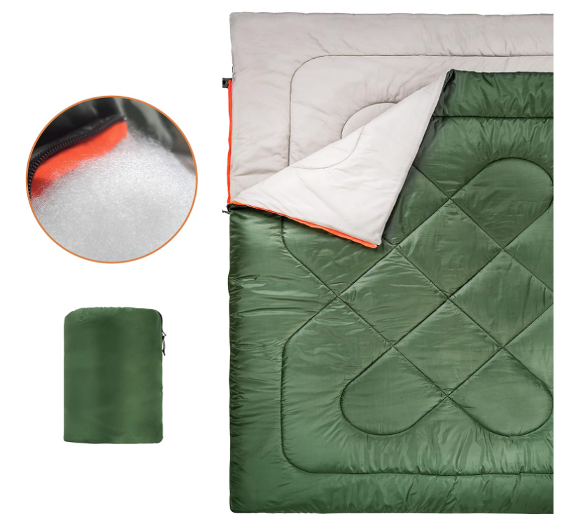 Básicos 40 ° F Tiempo fresco Bolso de dormir para dos personas, 87 pulgadas x 59 pulgadas, verde olivo